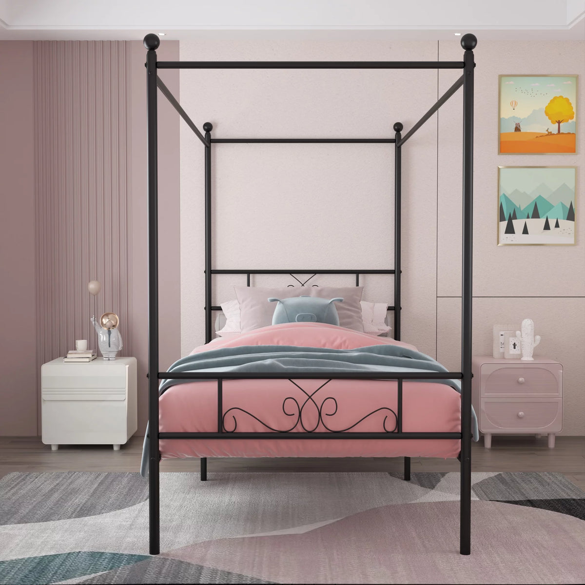Twin Size 4-Post Canopy Bed Frame Metal Platform with Headboard Footboard Black P960560