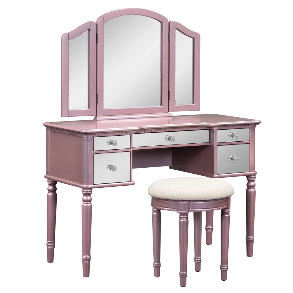 Pink Vanity Set with Tri-Fold Mirror and Stool S691912