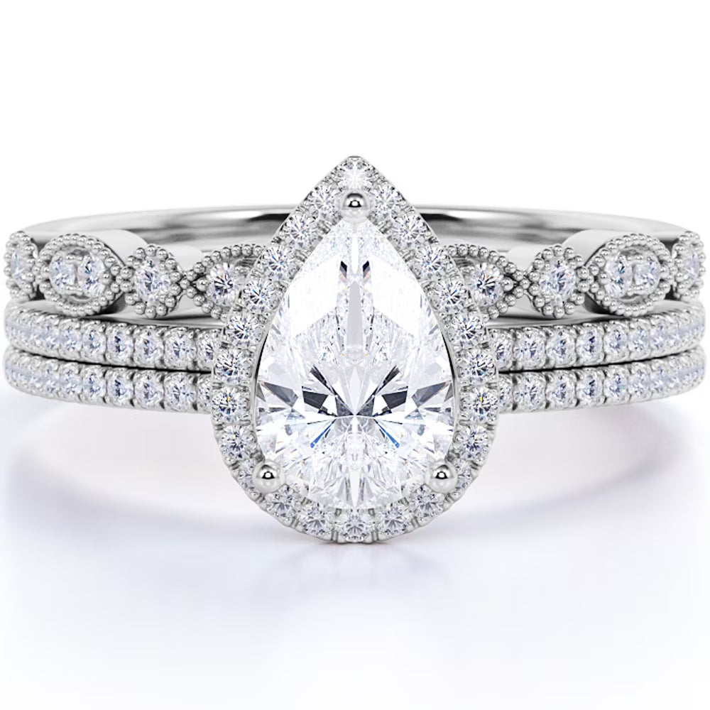 1.5 Carat Moissanite Wedding Trio Ring Set with Engagement Ring and 2 Wedding Bands in 18k Gold Over Silver V412