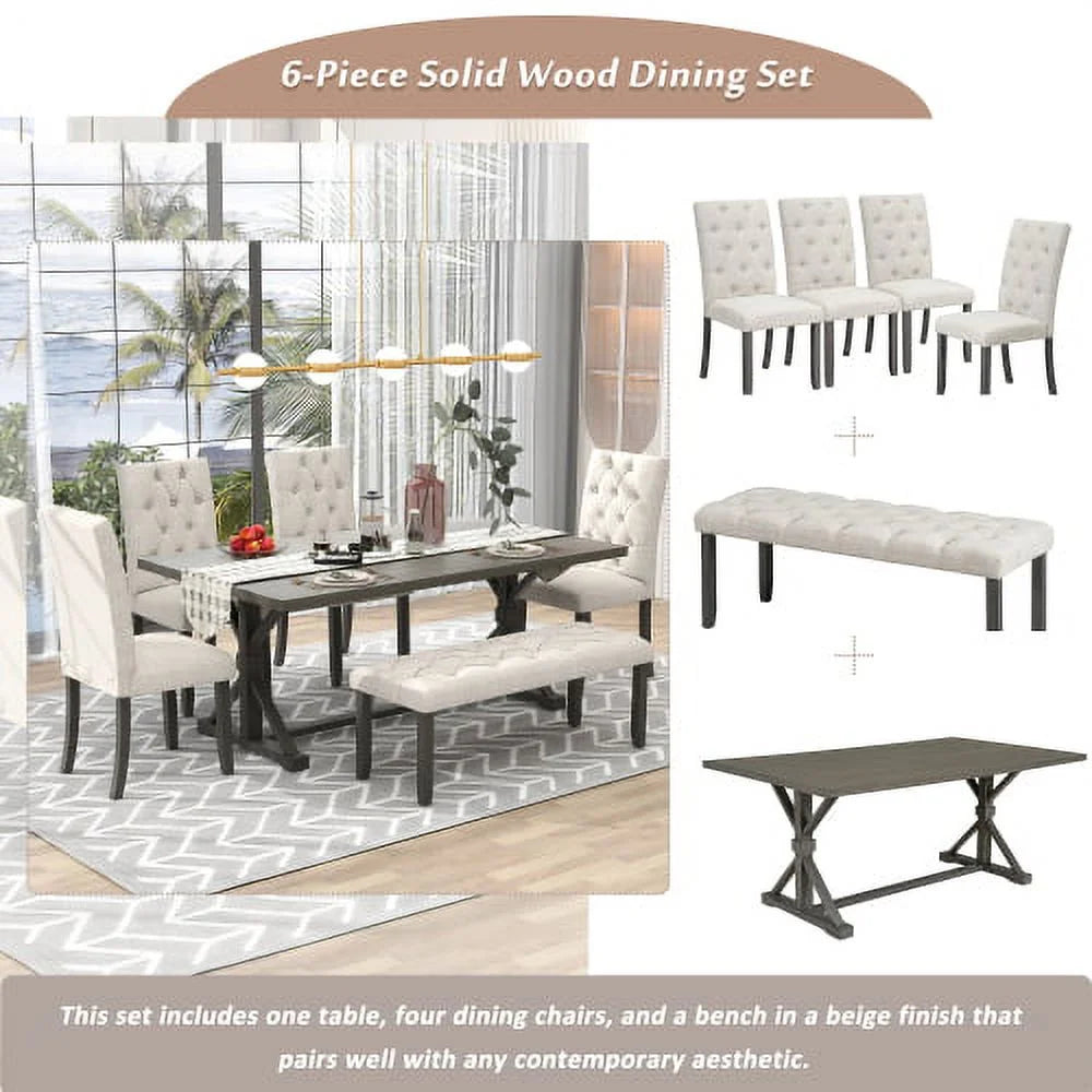 6 Piece Farmhouse Dining Table Set with 4 Upholstered Chairs and Bench S893726