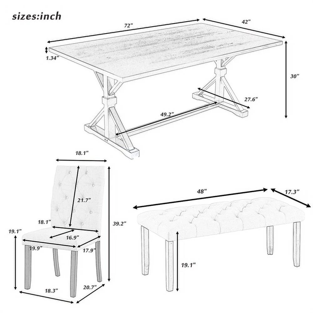 6 Piece Farmhouse Dining Table Set with 4 Upholstered Chairs and Bench S893726