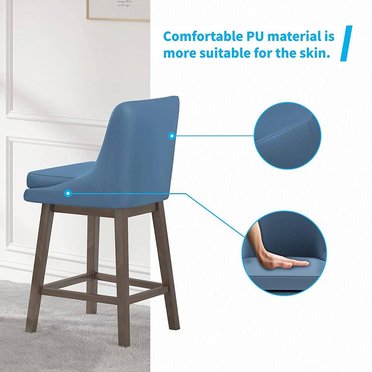 26" Counter Height Bar Stools, Solid Wood Faux Leather, Dark Blue Set of 4 L751
