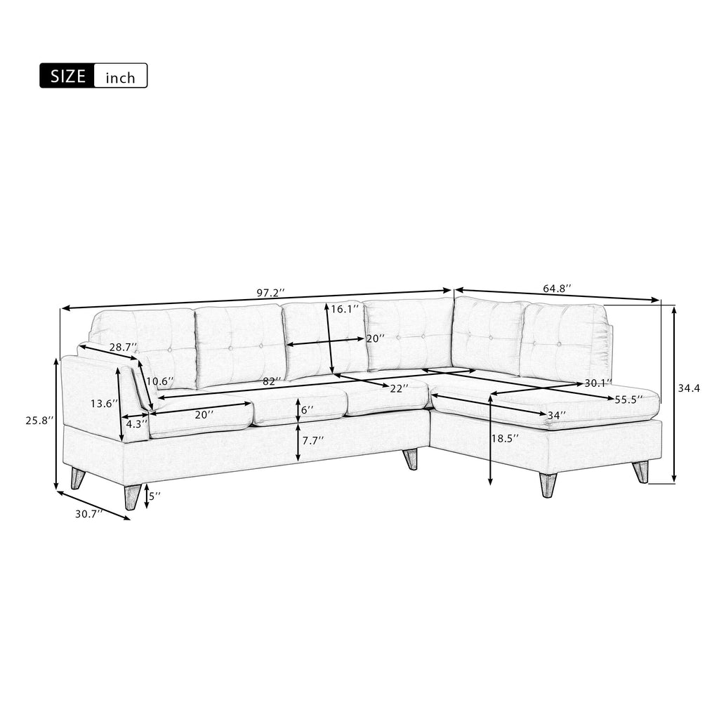 Beige Linen Fabric Sectional Sofa with Lumbar Pad F68181
