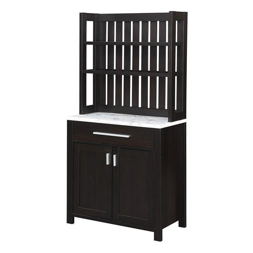 Espresso Wood Wine Bar with Cabinet and White Faux Marble Top B294333