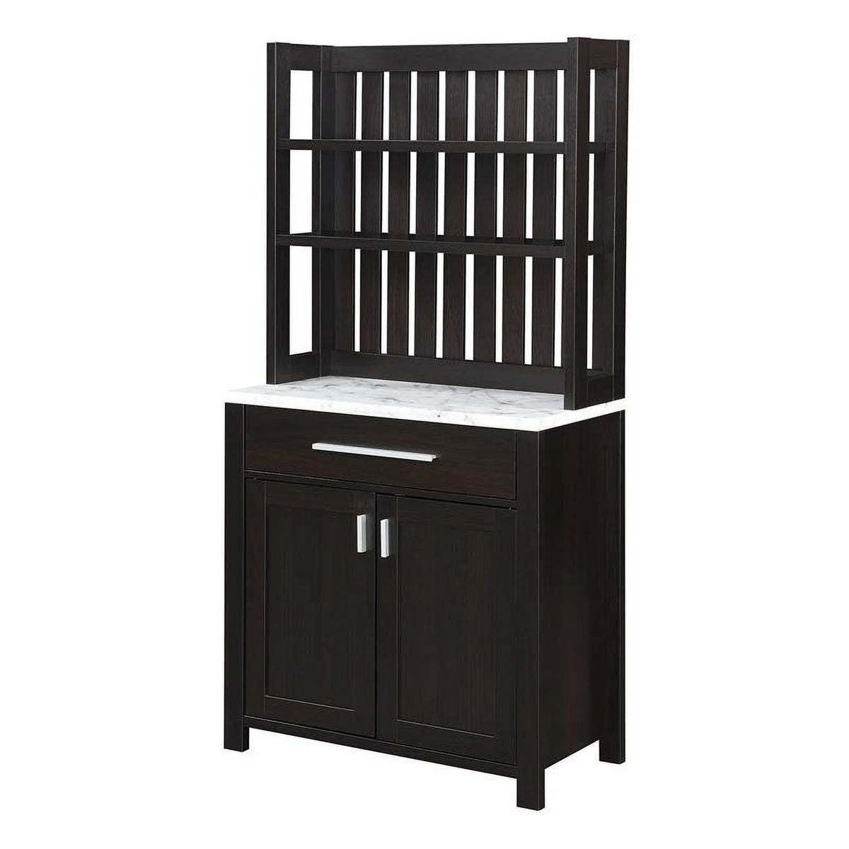 Espresso Wood Wine Bar with Cabinet and White Faux Marble Top B294333