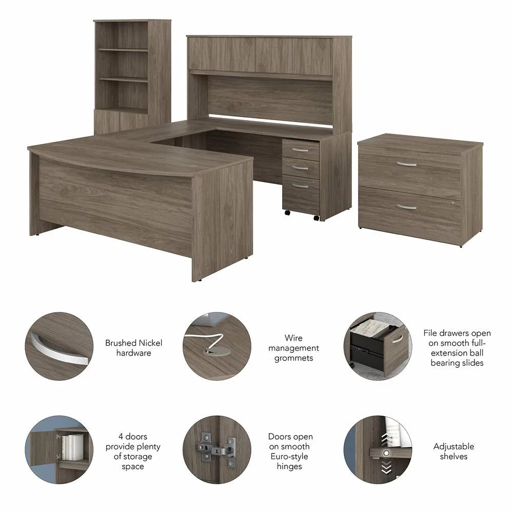 72W U Desk with Hutch and Storage Engineered Wood O162889