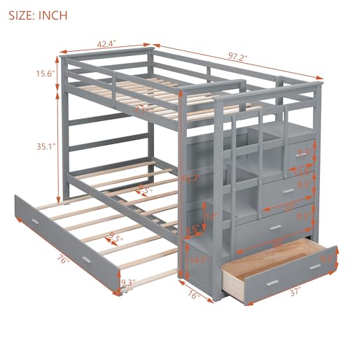 Full Over Full Wooden Bunk Bed with Trundle and Staircase Y192