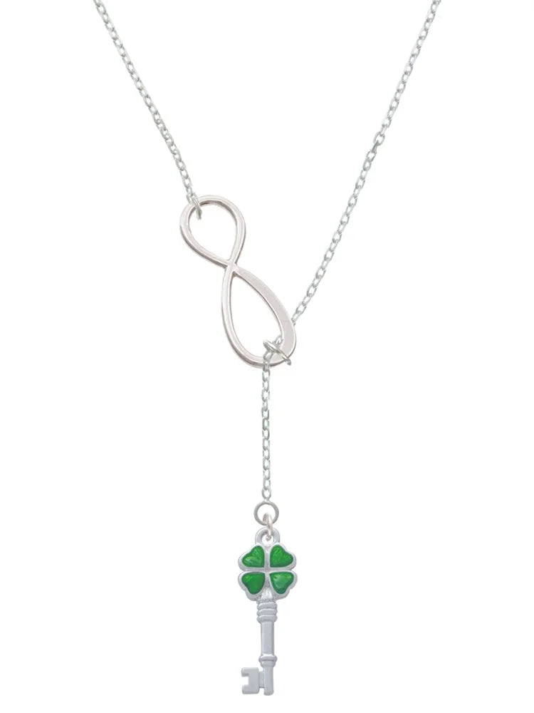 Silvertone Translucent Green Four Leaf Clover Key Infinity Lariat Necklace Z982386