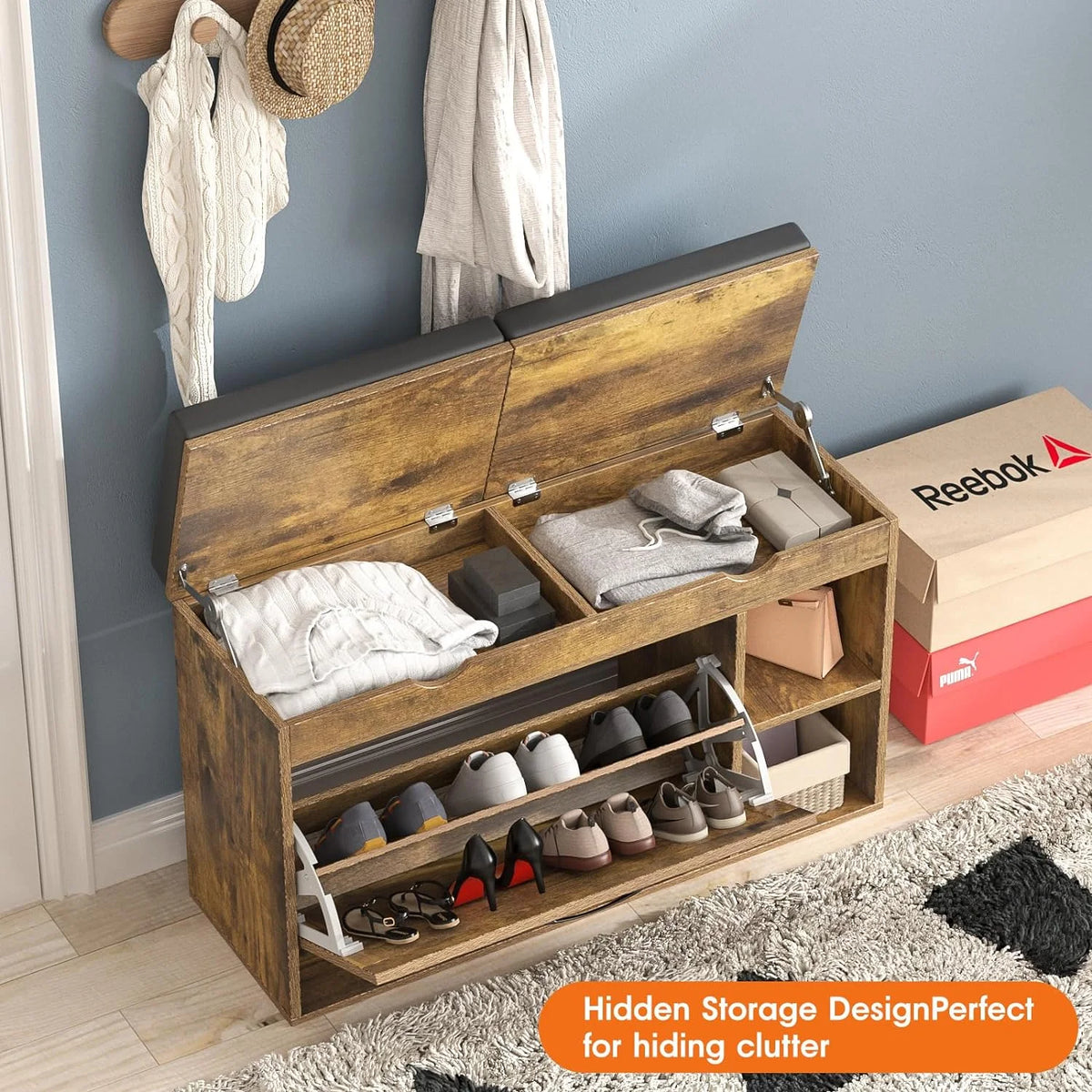 Rustic Brown Shoe Storage Bench with Flip Drawer C573632