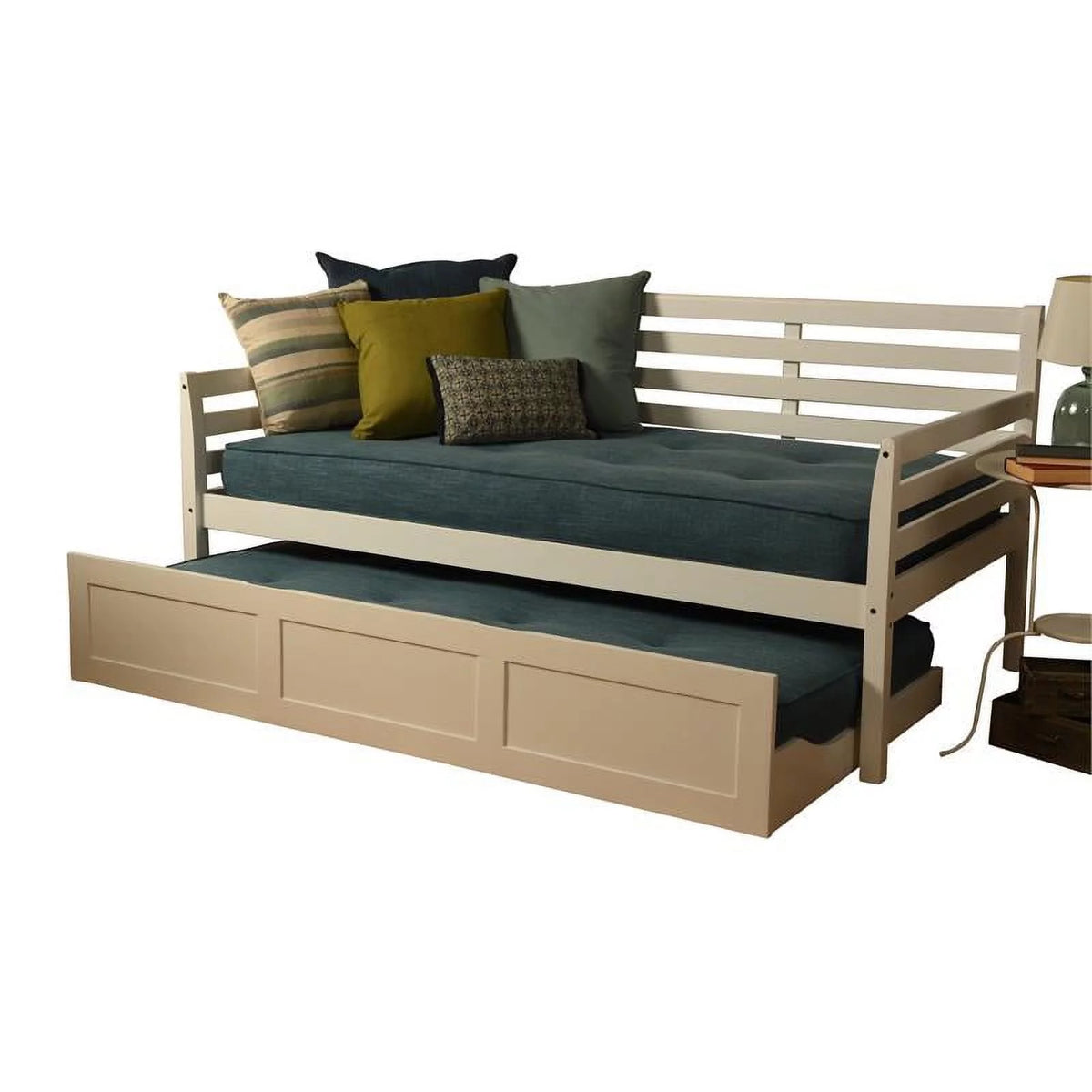 White Daybed and Trundle with Linen Aqua Mattresses J313529