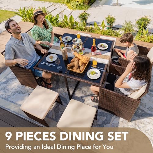 9 Pieces Patio Dining Set Rattan Chairs Glass Table Cushioned Seating Q124