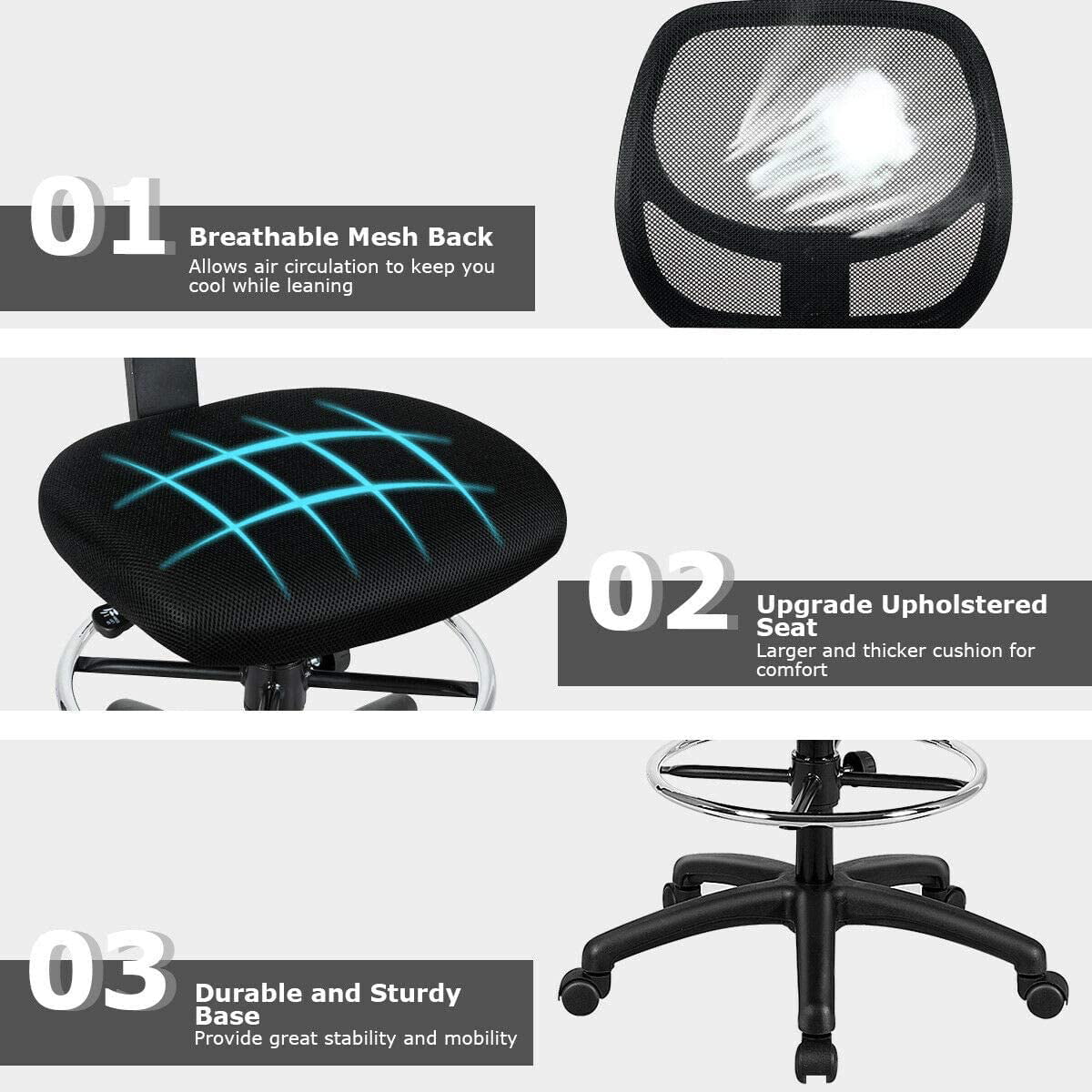 Black Mesh Drafting Chair with Footrest Ring F51659