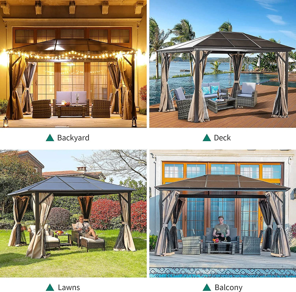 10x12 ft Gazebo Hardtop Outdoor Canopy with Netting and Shaded Curtains, Aluminum Frame Polycarbonate Hardtop F176