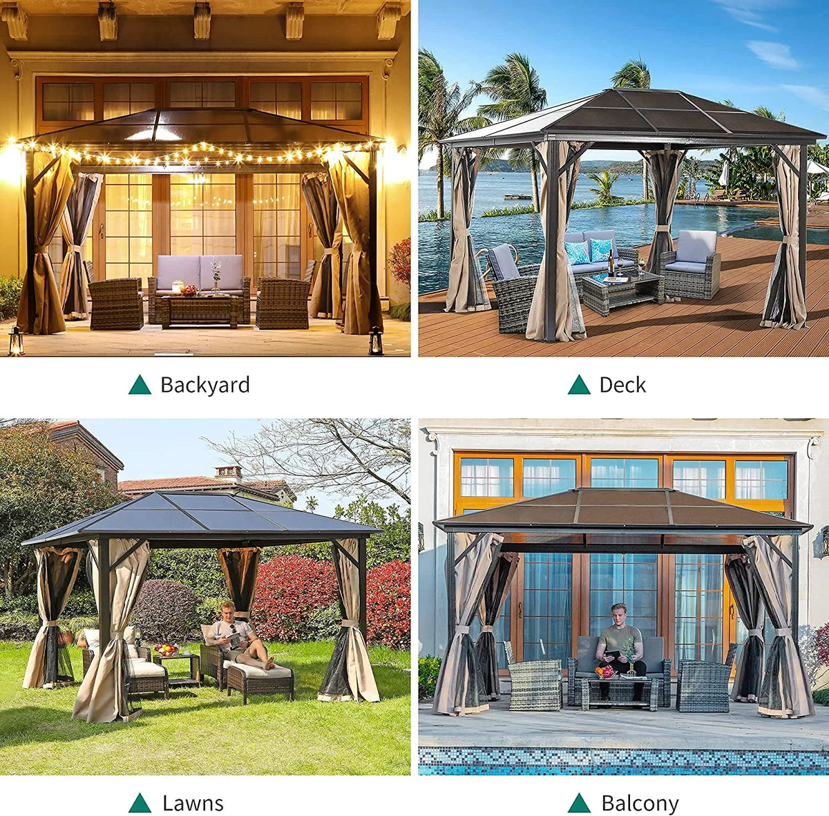 10x12 ft Gazebo Hardtop Outdoor Canopy with Netting and Shaded Curtains, Aluminum Frame Polycarbonate Hardtop F176