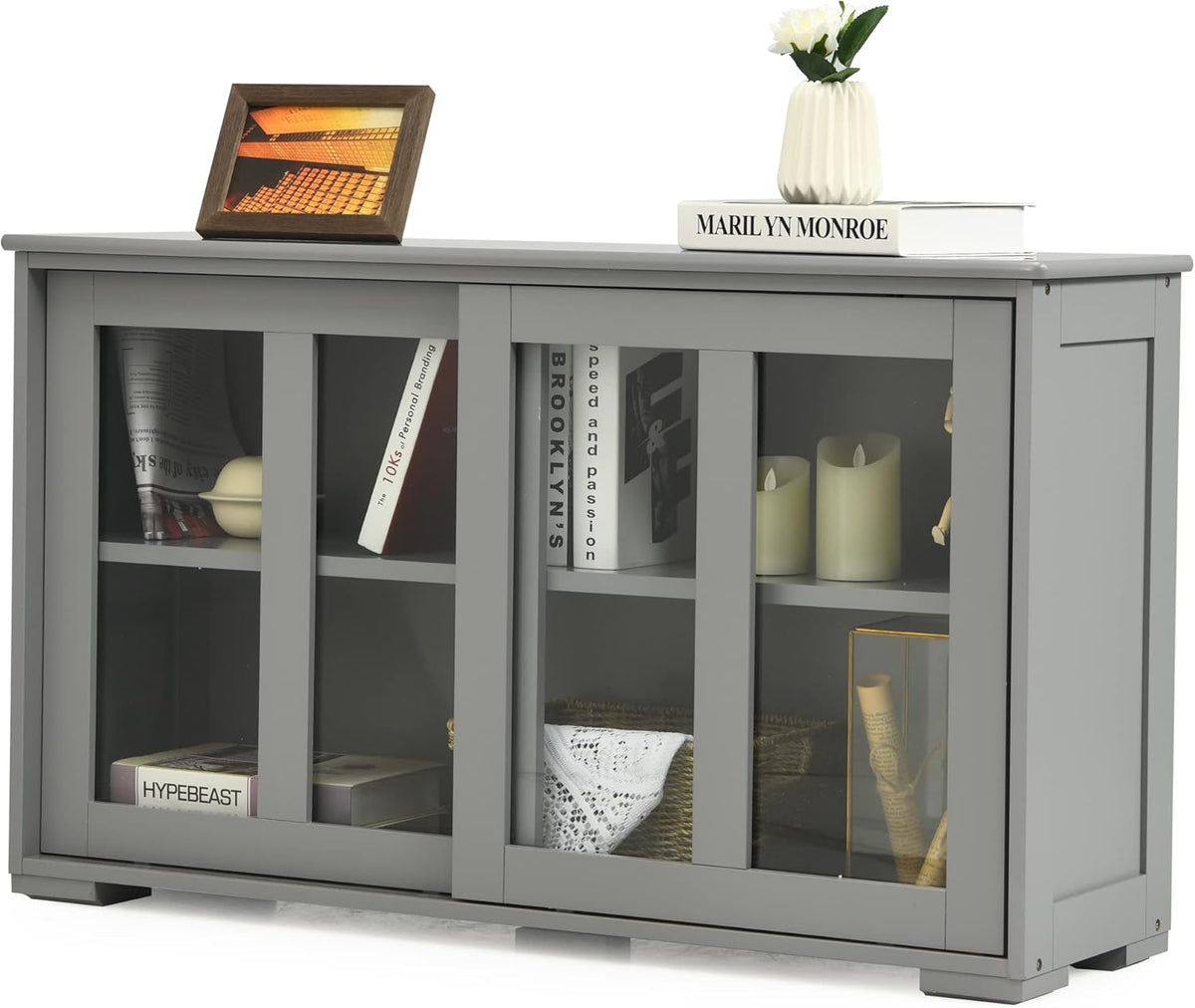 Stackable Buffet Cabinet with Sliding Tempered Glass Doors, Grey Z307886