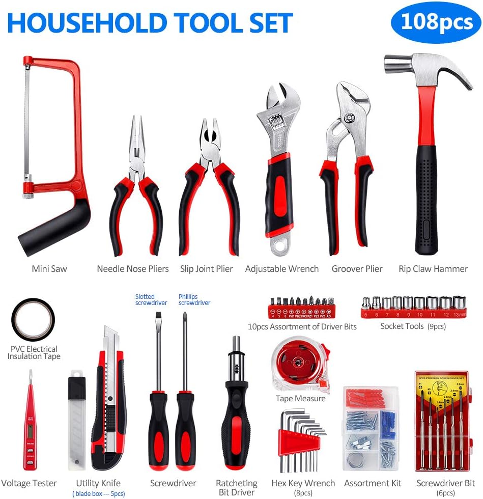108 Pcs Alloy Steel Hand Tool Kit with Plastic Toolbox L7367