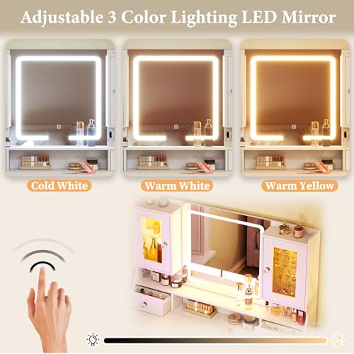 White Vanity Desk with Mirror and Lights F434