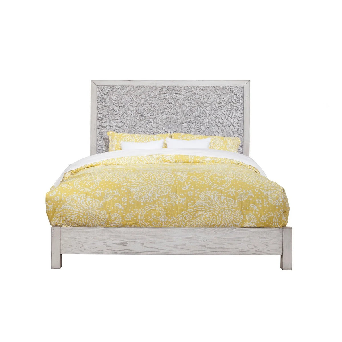 California King Panel Bed with Floral Carved Headboard Light Gray I1777