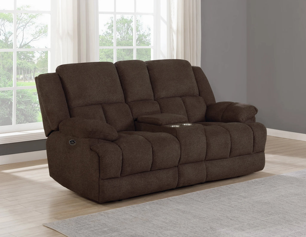 Brown Upholstered Power Loveseat with Console A211