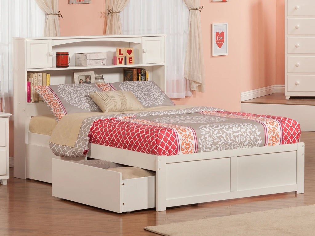 White Solid Wood Platform Bed with Footboard & 2 Storage Drawers G3696