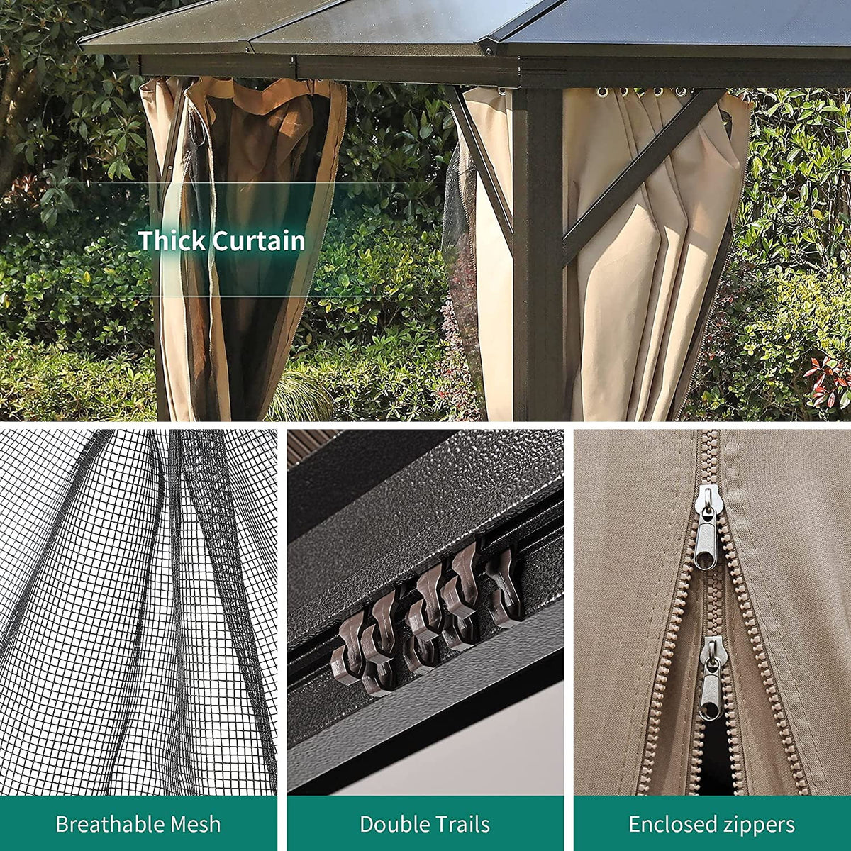10x12 ft Gazebo Hardtop Outdoor Canopy with Netting and Shaded Curtains, Aluminum Frame Polycarbonate Hardtop F176
