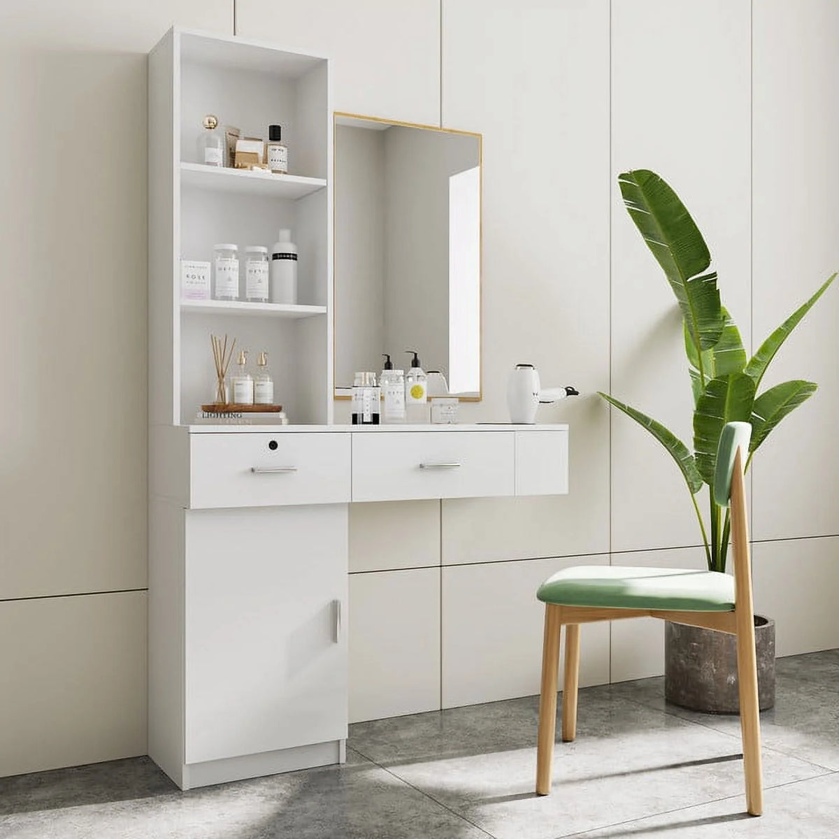 White Hair Desk with Storage V96203