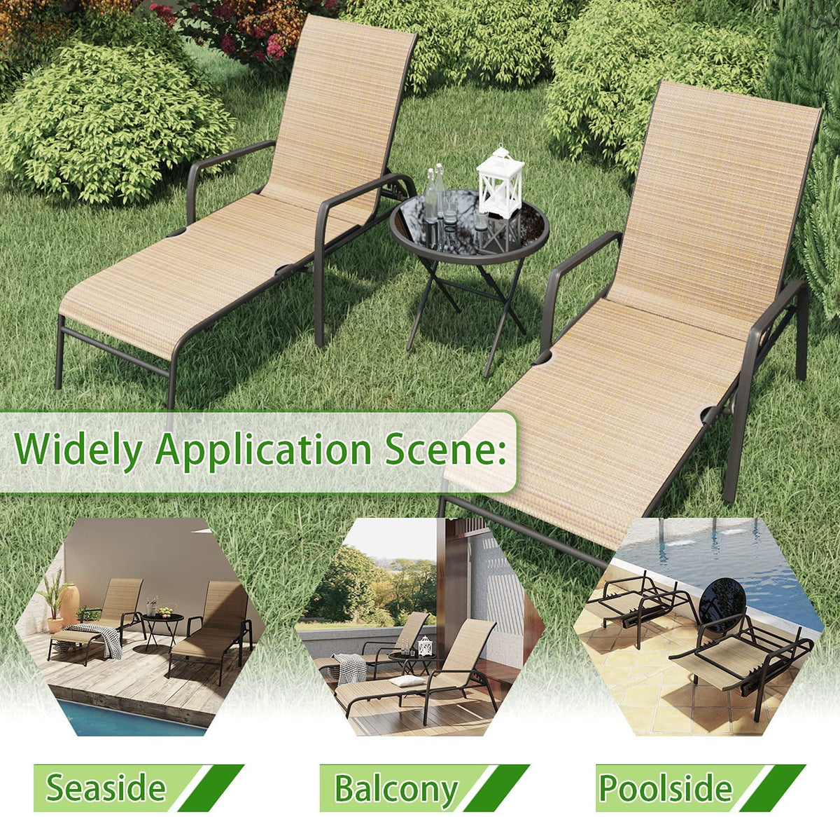 Set of 3 Recline Adjustable Backrest Textlene Bistro Set with Table, Beige A141