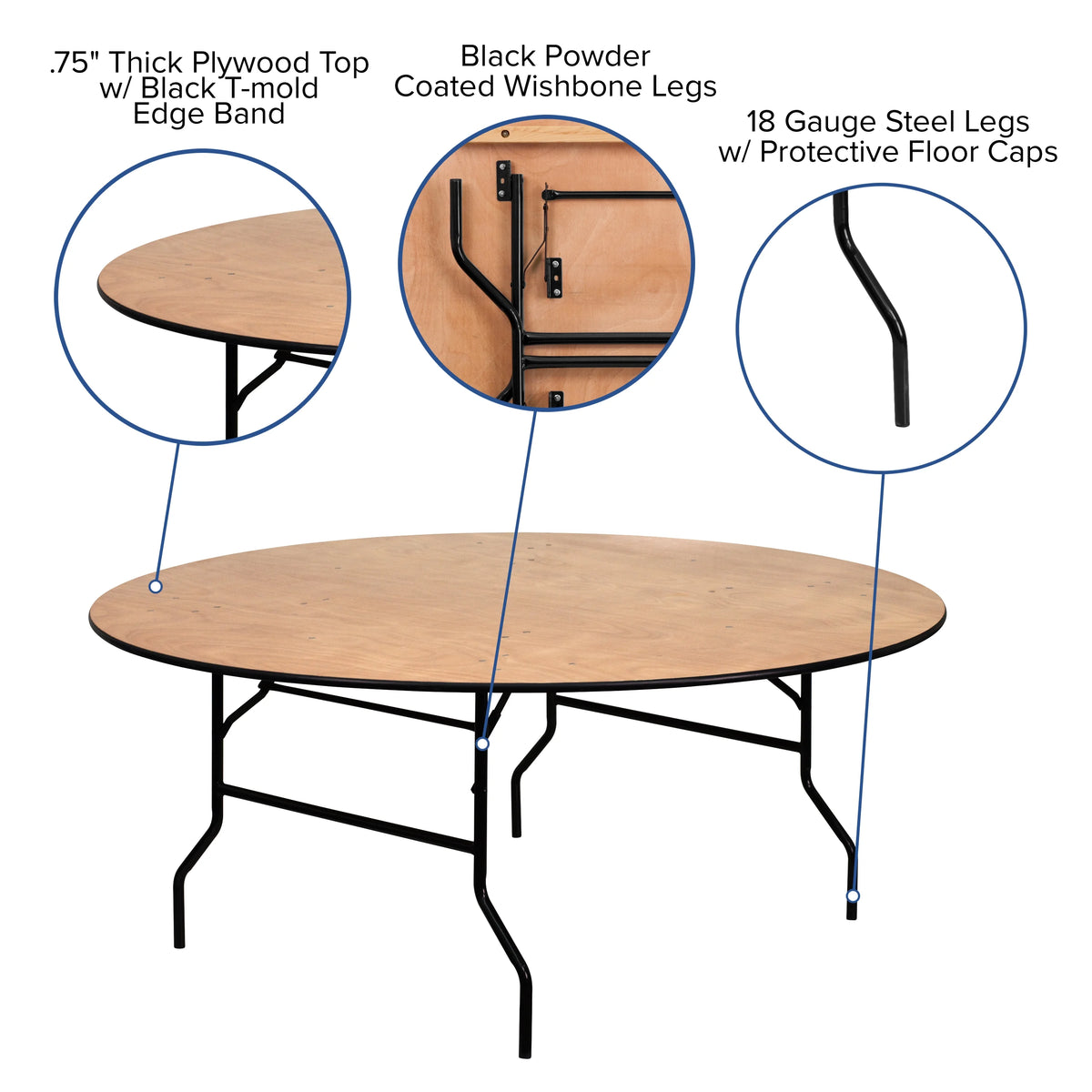 6-Foot Round Wood Folding Banquet Table O92348