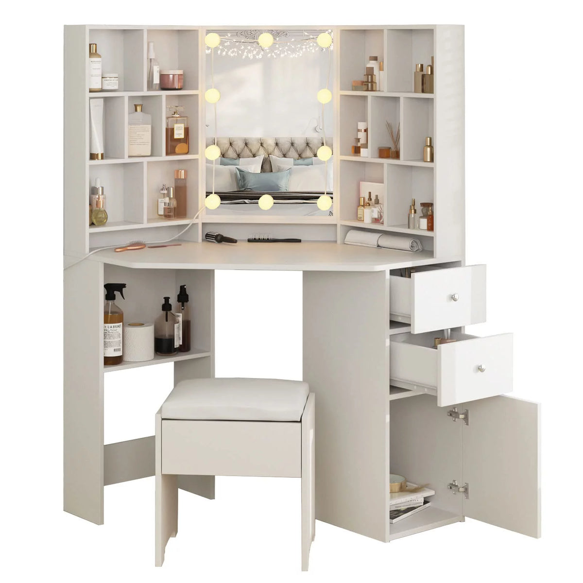 Corner Vanity Table Set with Lighted Mirror, Cushioned Stool, White T307
