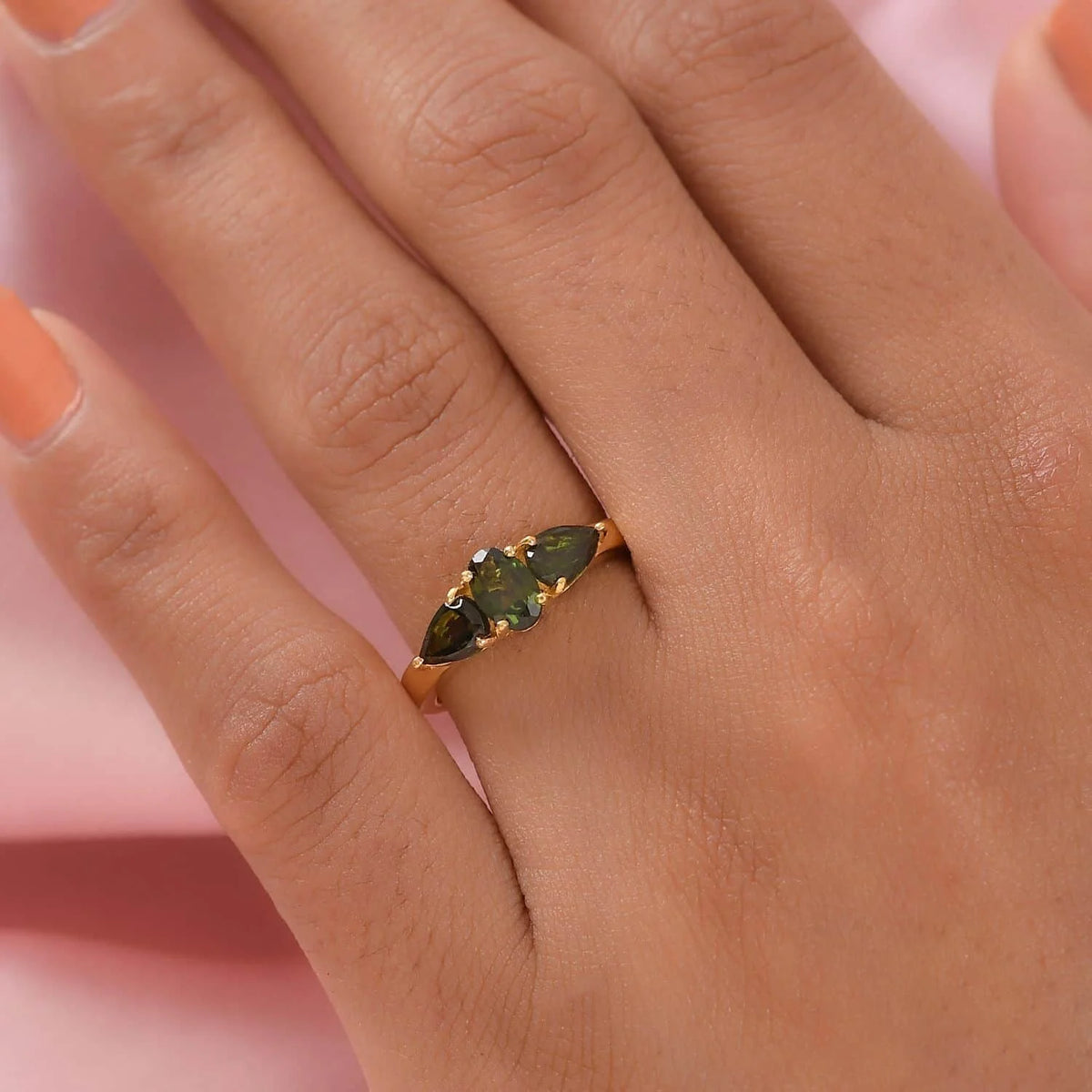 Chrome Tourmaline Oval 925 Sterling Silver Vermeil Yellow Gold Plated 3 Stone Ring Size 7 Ct 0.95 N801