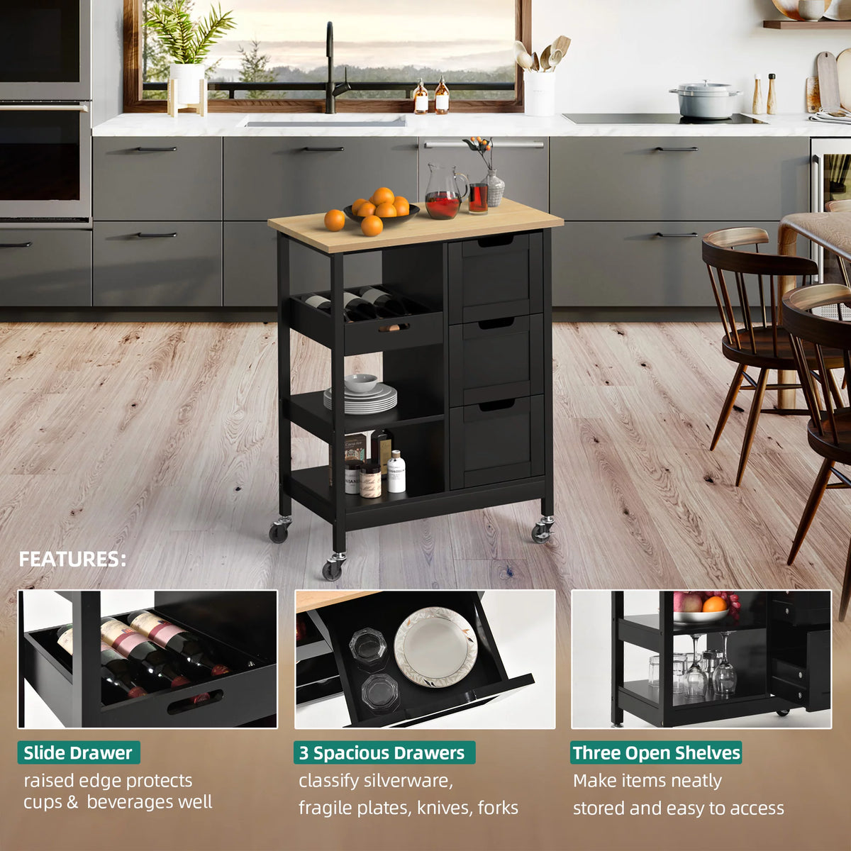 3 Tier Rolling Kitchen Cart with Storage O8475