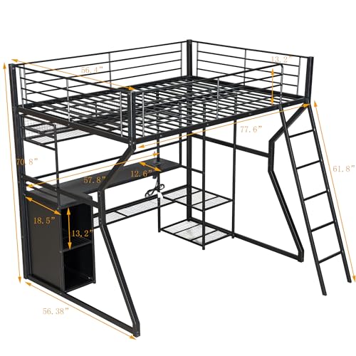 Full Size Black Metal Loft Bed with Desk and Shelves P35328