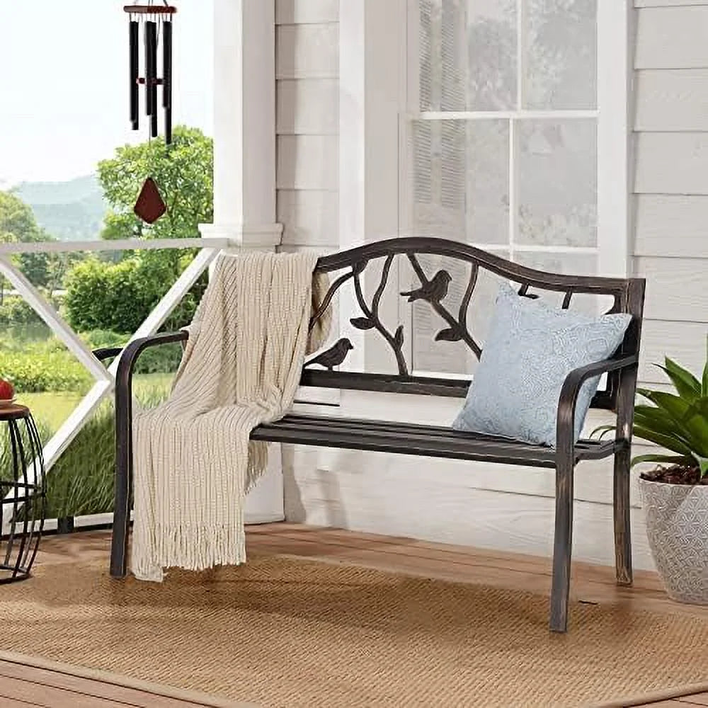 Black Cast Iron Outdoor Bench with Floral Backrest E2145