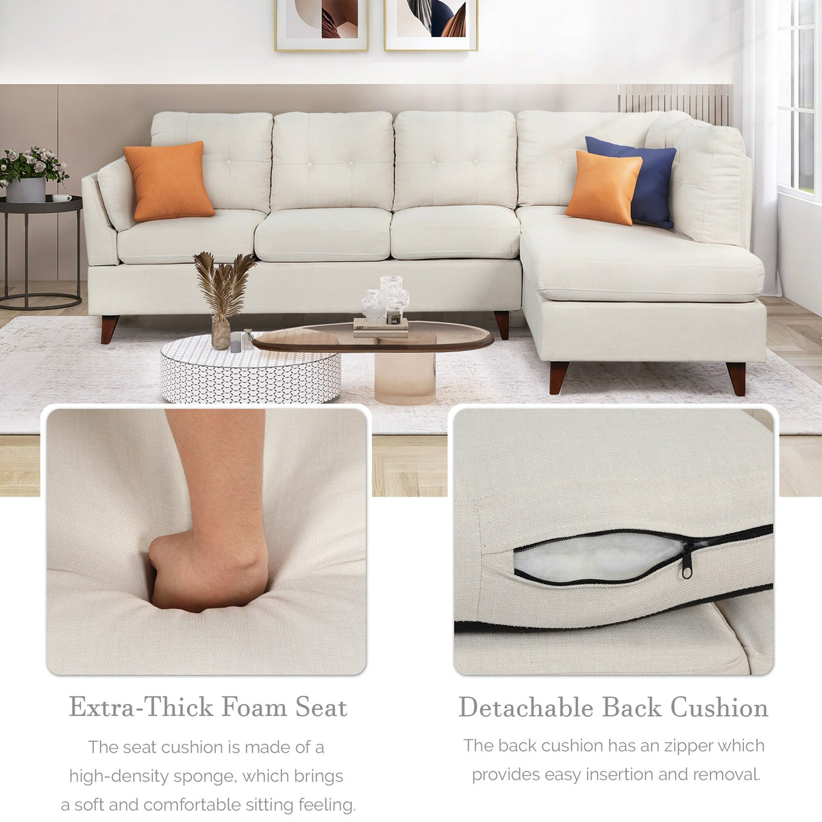 Beige Linen Fabric Sectional Sofa with Lumbar Pad F68181