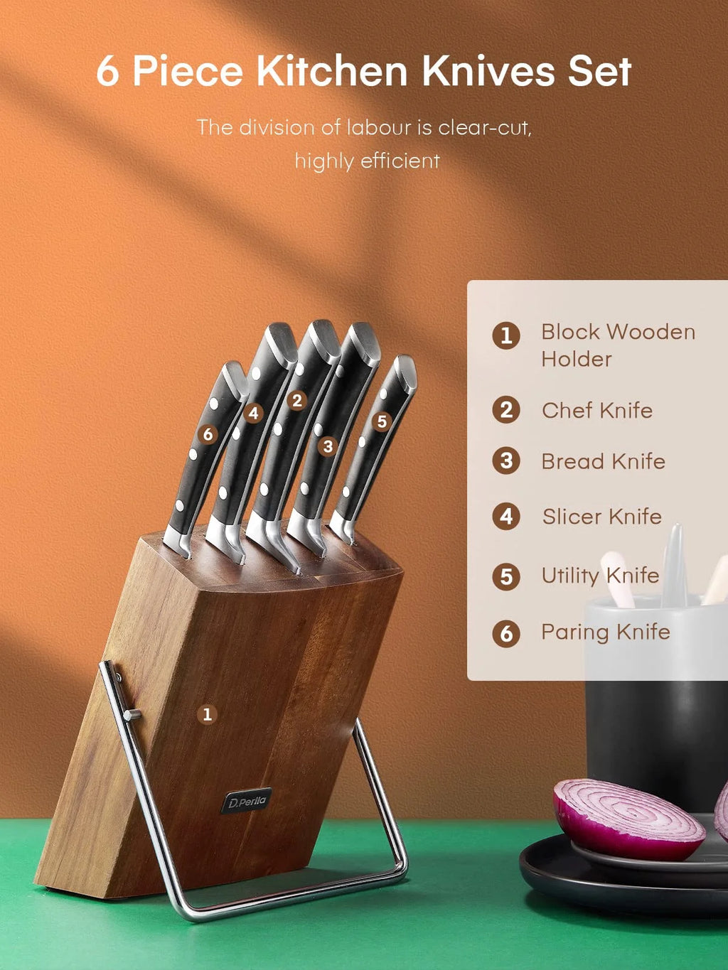 6 Piece German Stainless Steel Kitchen Knife Set with Wooden Block O623