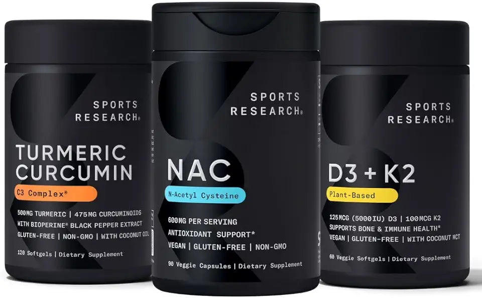 Vitamin D3 K2 with Coconut Oil, Turmeric Curcumin Softgels and NAC 600mg Veggie Capsules F55823
