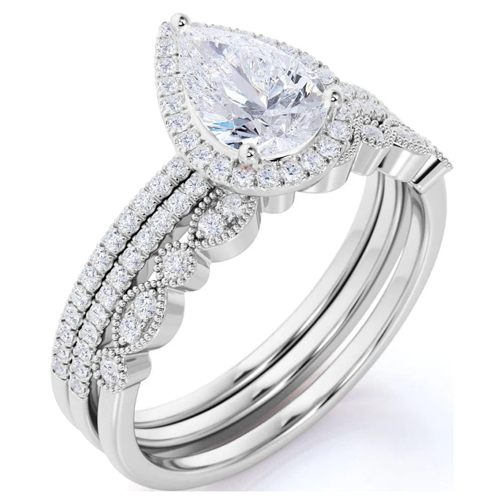 1.5 Carat Moissanite Wedding Trio Ring Set with Engagement Ring and 2 Wedding Bands in 18k Gold Over Silver V412