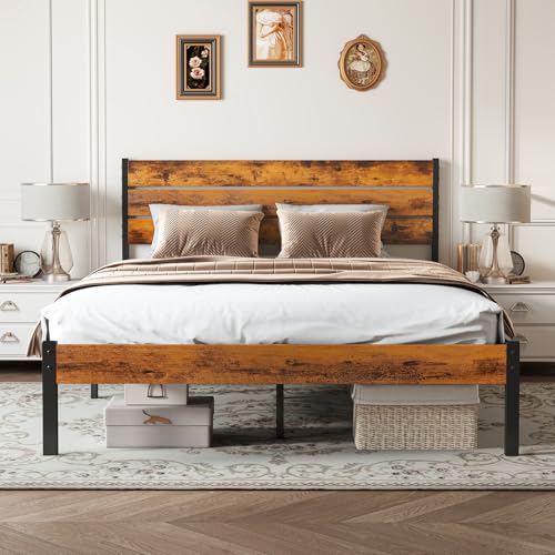Full Size Bed Frame with Headboard, Metal Support, Under Bed Storage A517