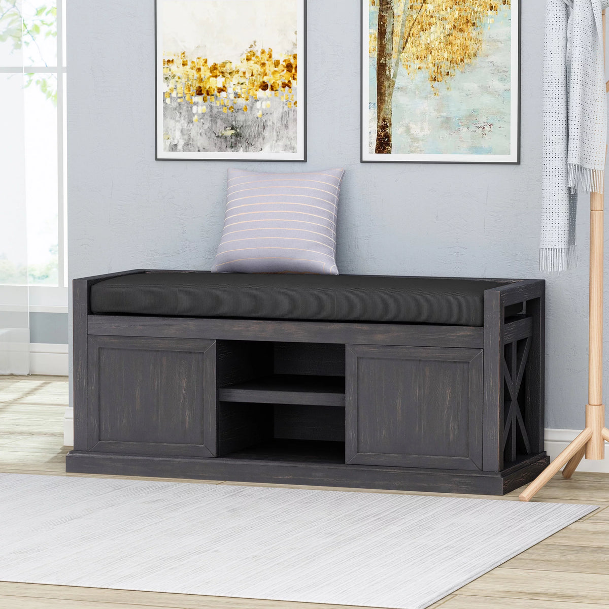 Acacia Wood Storage Bench with Cushion C85504