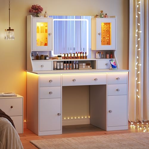 White Vanity Desk with Mirror and Lights F434