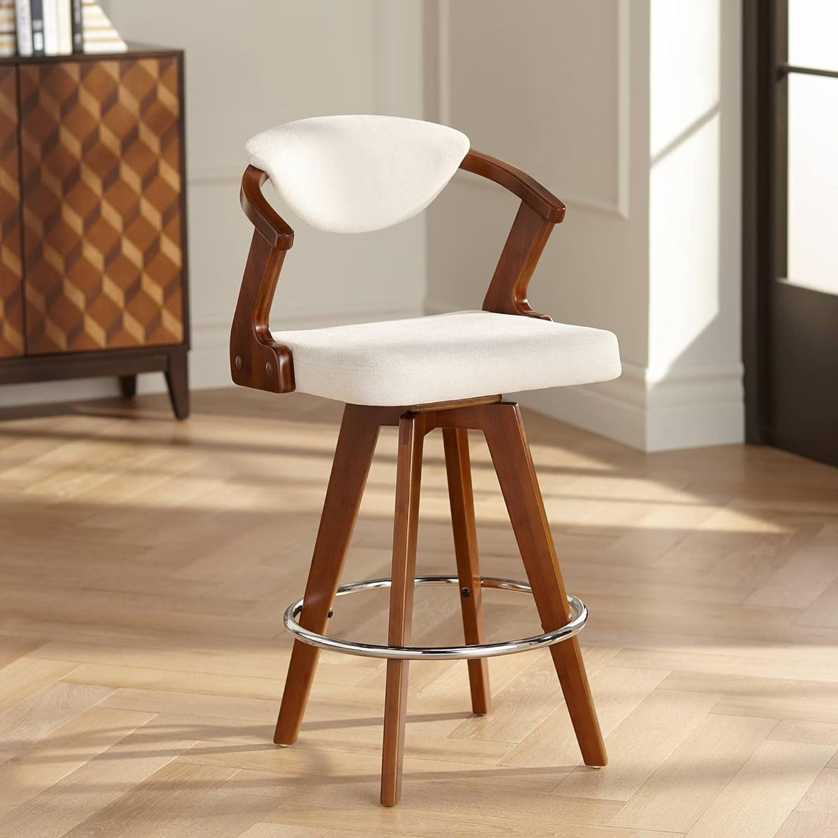 Walnut Bamboo Swivel Stool Brown 26 1/2" High Ivory Velvet Upholstered Cushion with Backrest Footrest N7811
