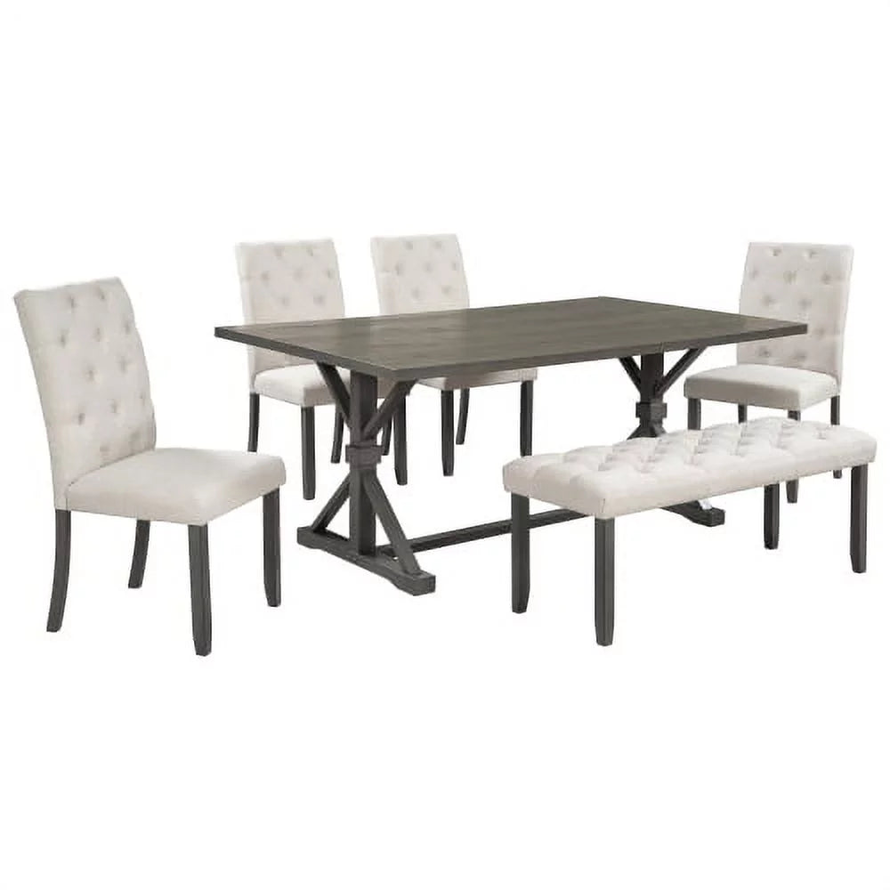 6 Piece Farmhouse Dining Table Set with 4 Upholstered Chairs and Bench S893726