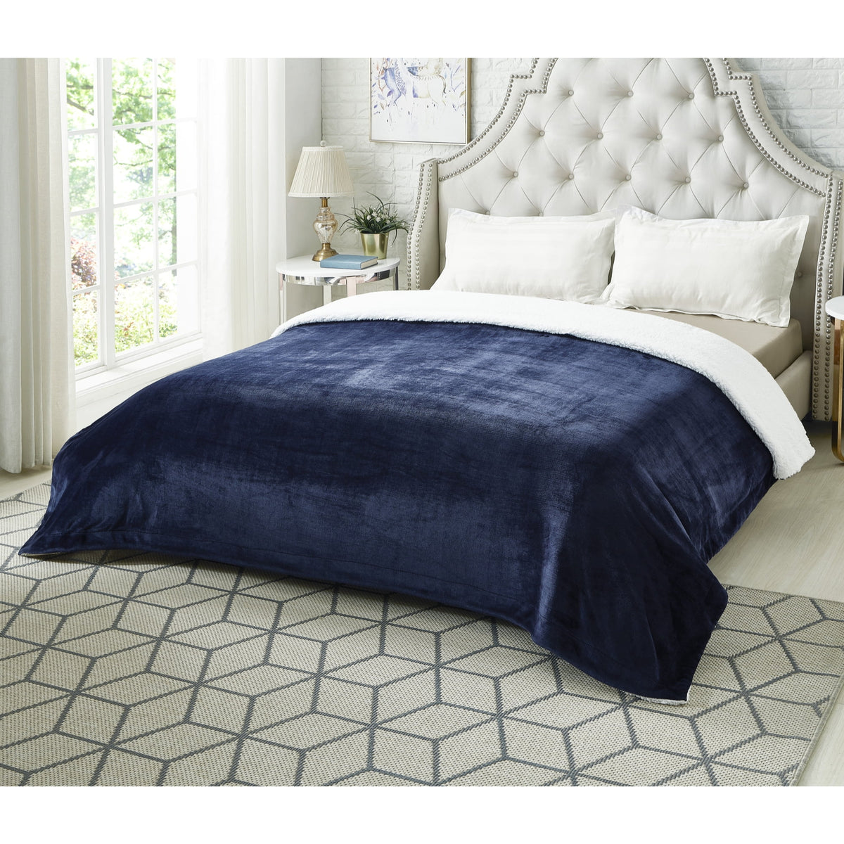 Flannel Reversible Sherpa Throw Blanket 60"x 80" Navy I61450