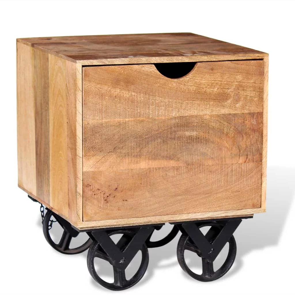 Solid Mango Wood Side Table with Drawer Wheels W549