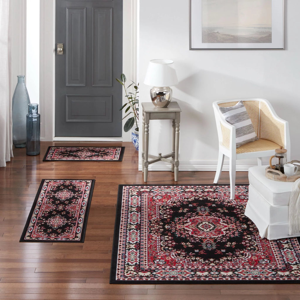 Black/Red Medallion Border Area Rug 3-Piece Set K609