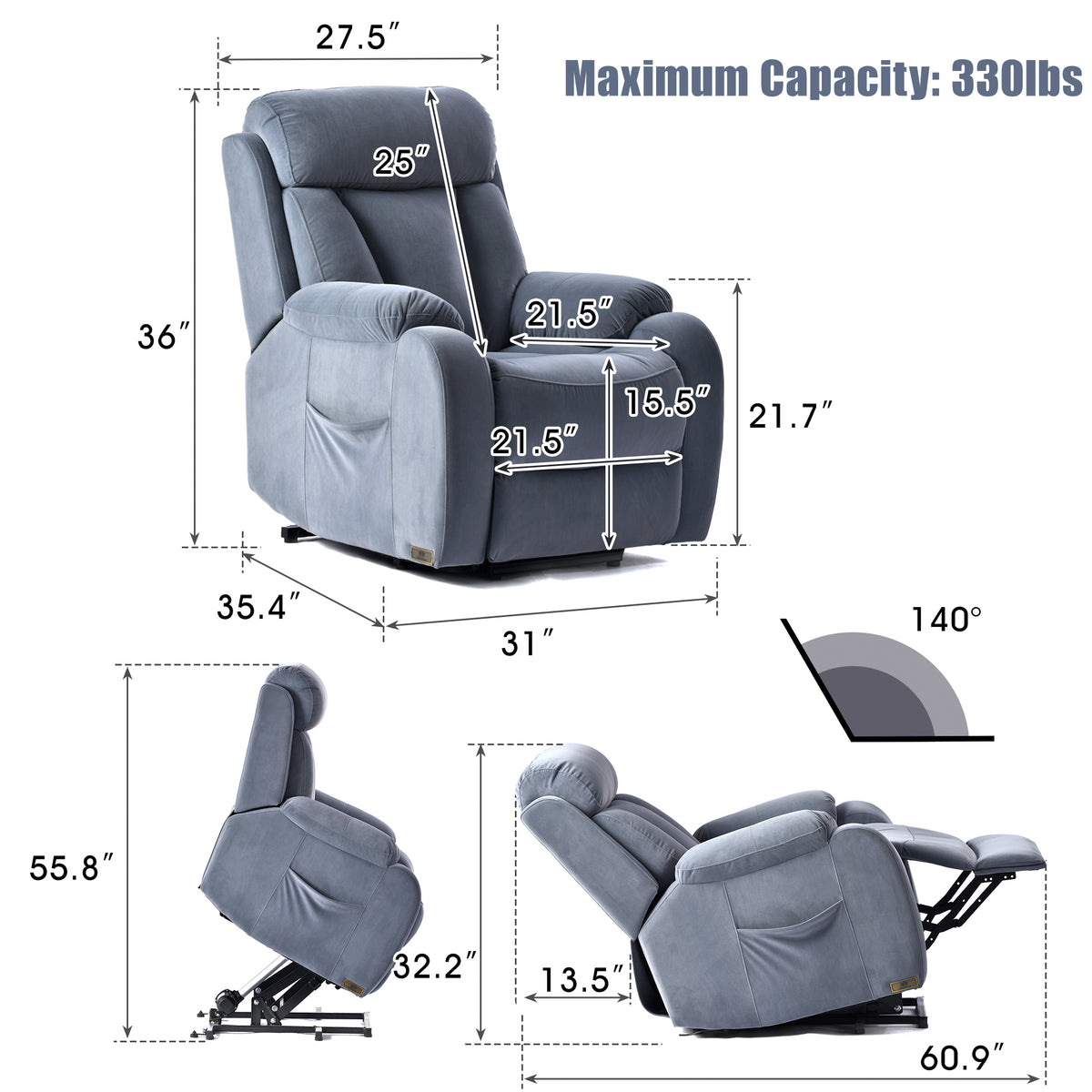 Light Gray Cashmere Fabric Power Recliner Sofa Chair R639267