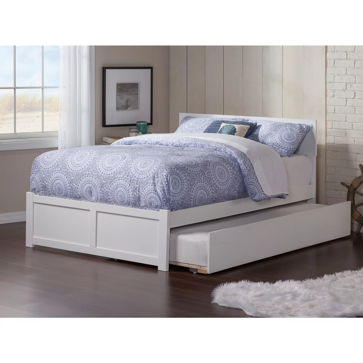 White Full Platform Bed with Trundle B109